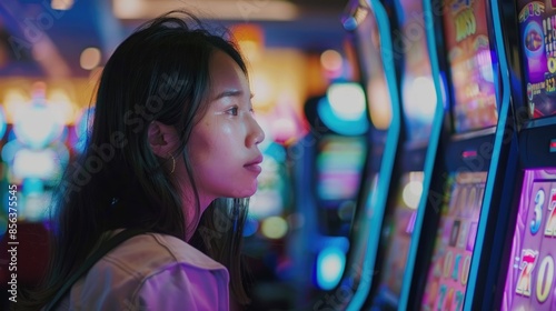 Asian woman addicted to gambling on slot machines in Las Vegas.