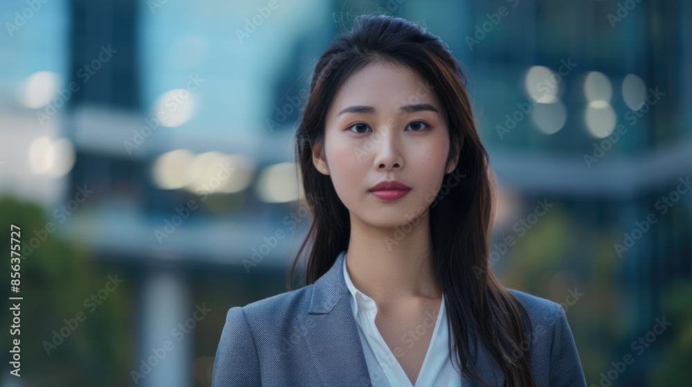 Obraz premium A young attractive Asian businesswoman standing outside