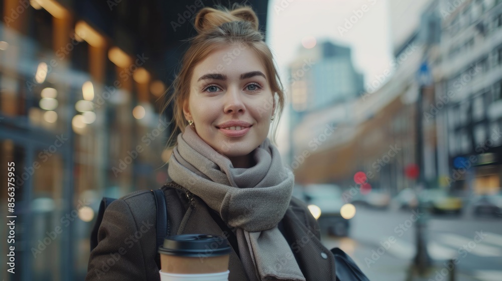 Successful business woman with coffee walking to office. Successful business woman with coffee walking to office.
