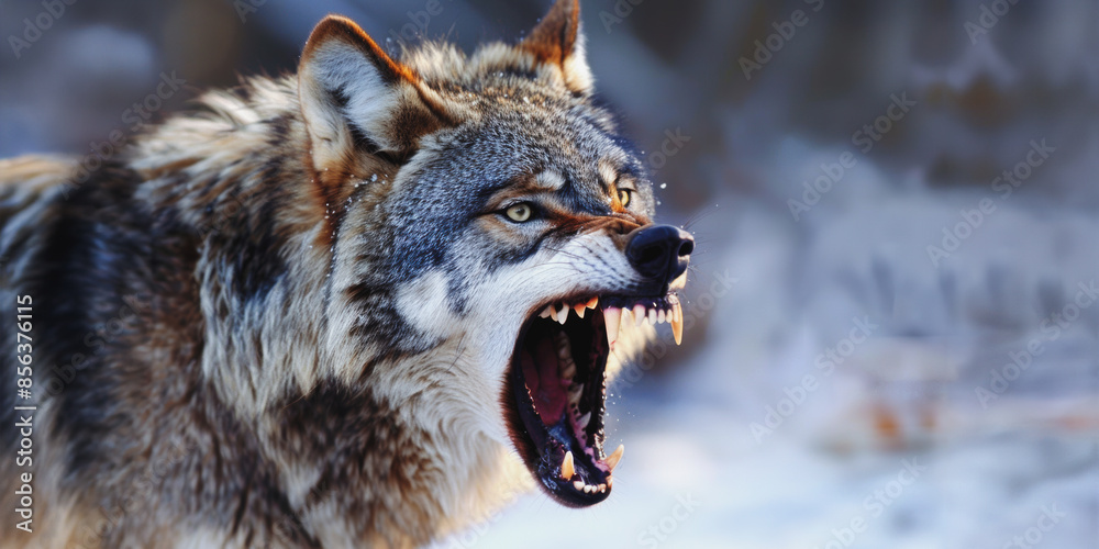 Fototapeta premium A wolfs furious howl in the snowy wilderness