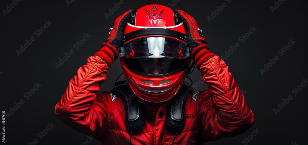 Racing Driver Red Suit Helmet Hands on Helmet Intense Look, Professional Focus in Motorsport