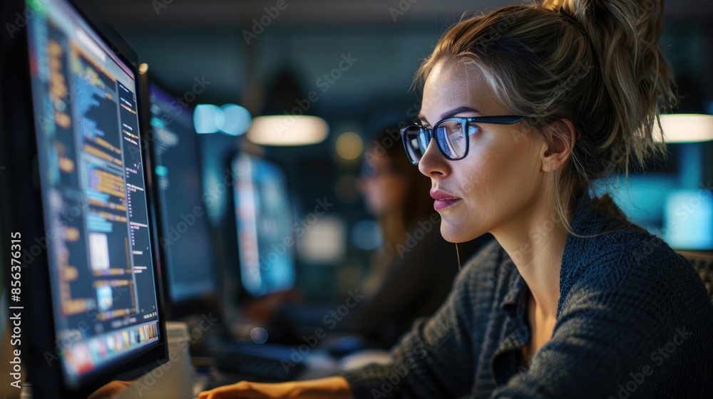 Businesswoman working in an office on a desktop computer Businesswoman working in an office on a desktop computer
