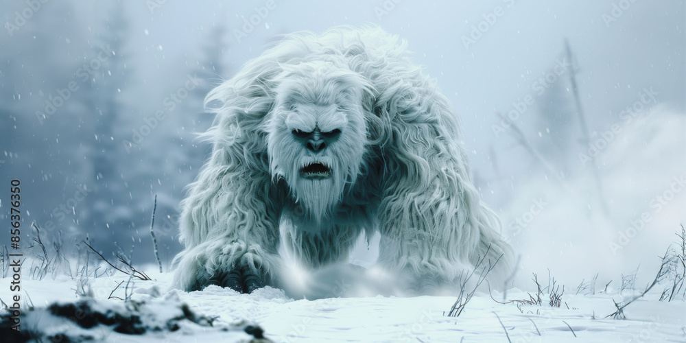 Pixelated yeti roars in snowy wilderness