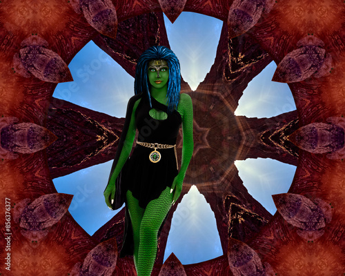 Fictional Female Reptilian Humanoid with abstract background. Digitally painted woman is not real. No model release needed. Not AI generated.