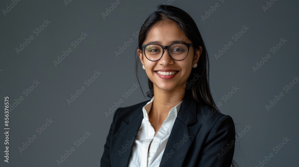 Smiling Indian businesswoman in suit and glasses on grey background. Smiling Indian businesswoman in suit and glasses on grey background.