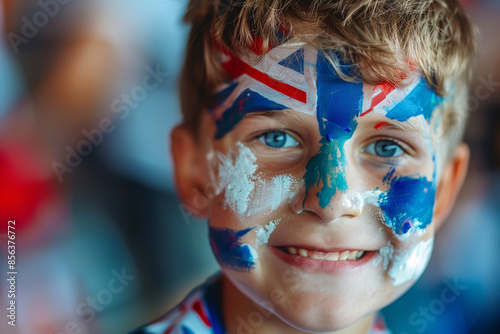 European football championship UEFA Euro 2024. a kid fan of the England soccer team with your faces painted with the colors of england team