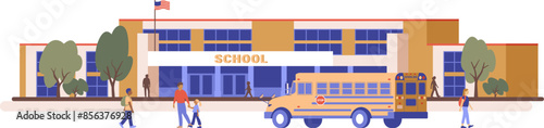 Flat vector illustration of school building with yellow bus and children near. Education graphics isolated on white background. Educational facilities and services concept.