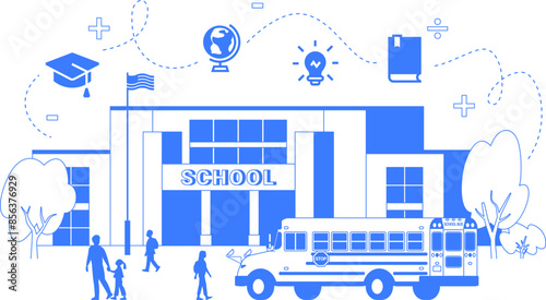 Flat vector illustration of school building, bus and children. One color line art education infographic with icons isolated on white background. American educational facilities and services concept.