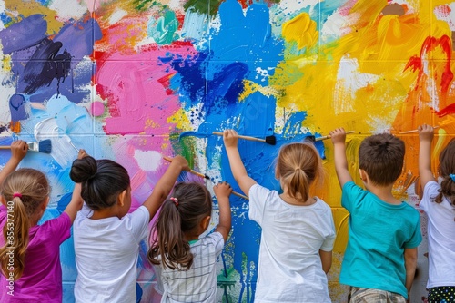 Children Painting Colorful Mural Together, Creativity Art Fun Collaboration, Bright Colors and Messy