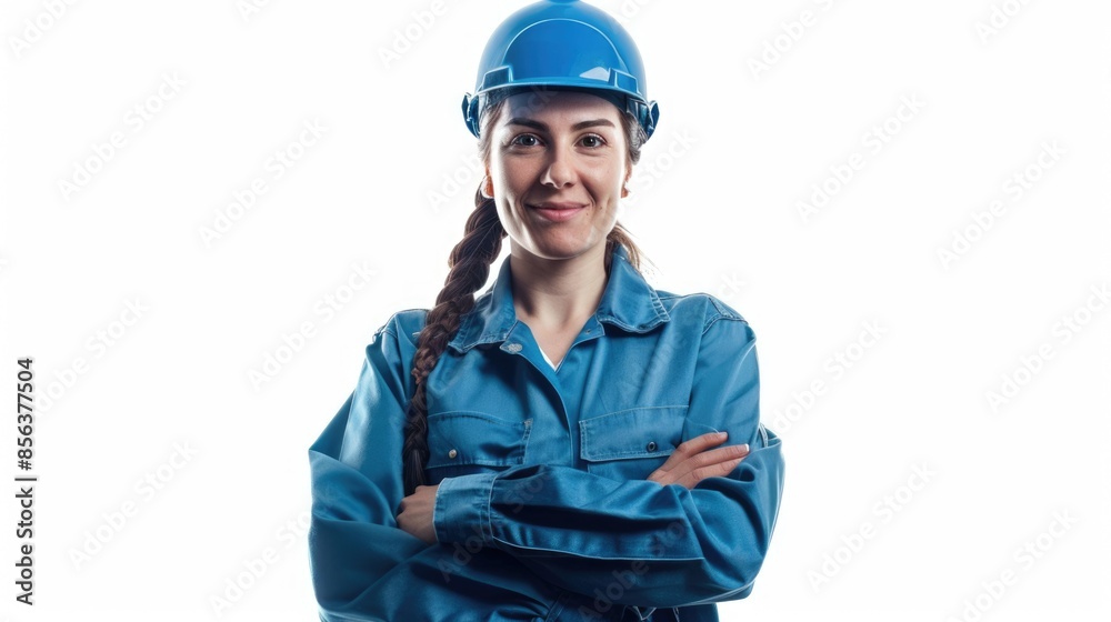 Happy young cross armed female engineer in blue workwear and hardhat standing in isolation Happy young cross armed female engineer in blue workwear and hardhat standing in isolation
