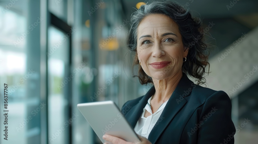 Latin Hispanic businesswoman CEO smiling with digital tablet in office. Latin Hispanic businesswoman CEO smiling with digital tablet in office.