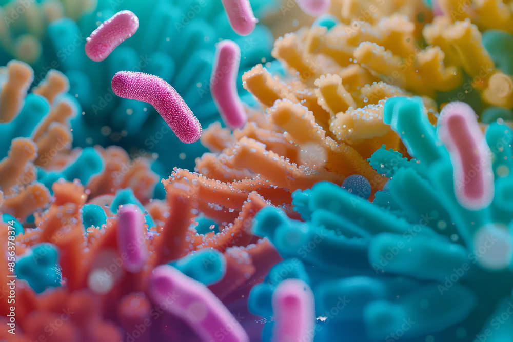 Colorful microscopic view of bacterias. Various shapes in a biological scene Colorful microscopic view of bacterias. Various shapes in a biological scene