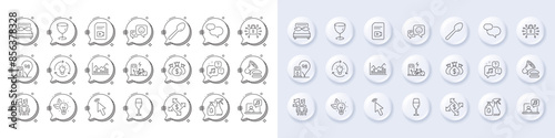 Idea, Music and Security lock line icons. White pin 3d buttons, chat bubbles icons. Pack of Voicemail, Check investment, Electric bike icon. Cursor, Glass, Pillows pictogram. Vector