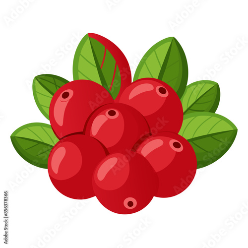 Juicy lingonberries with green leaves, highlighting their bright red color and smooth texture.