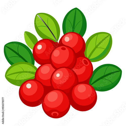 Fresh lingonberries with green leaves, displaying their vibrant red color and smooth texture.