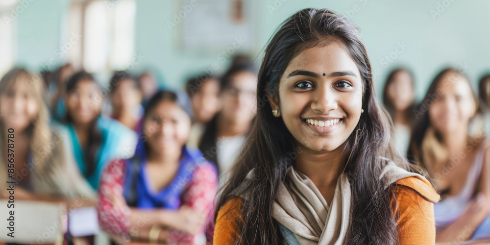 Smiling indian female college student with friends in classroom Smiling indian female college student with friends in classroom