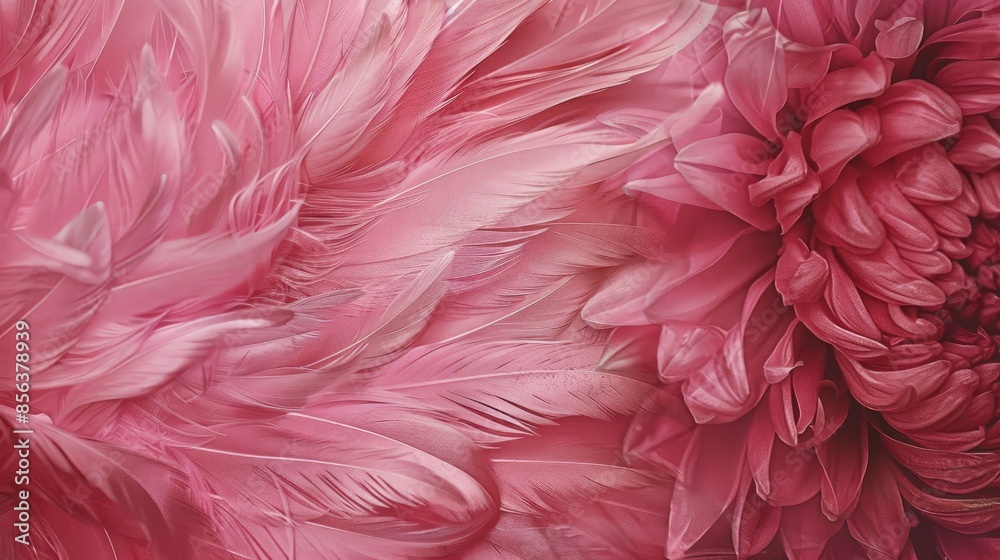 Close up of a textured background featuring pink feathers and chrysanthemum pattern