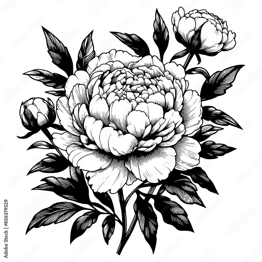 blooming peony flower with leaves, showcasing botanical elegance and beauty sketch engraving generative ai PNG illustration. Scratch board imitation. Black and white image. blooming peony flower with leaves, showcasing botanical elegance and beauty sketch engraving generative ai PNG illustration. Scratch board imitation. Black and white image.