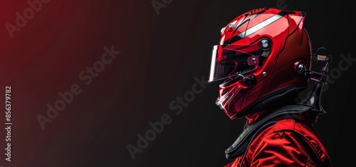 Race Car Driver Helmet Racing Suit Red Gear, Intense Look, Professional Racer on Dark Background, Copy Space