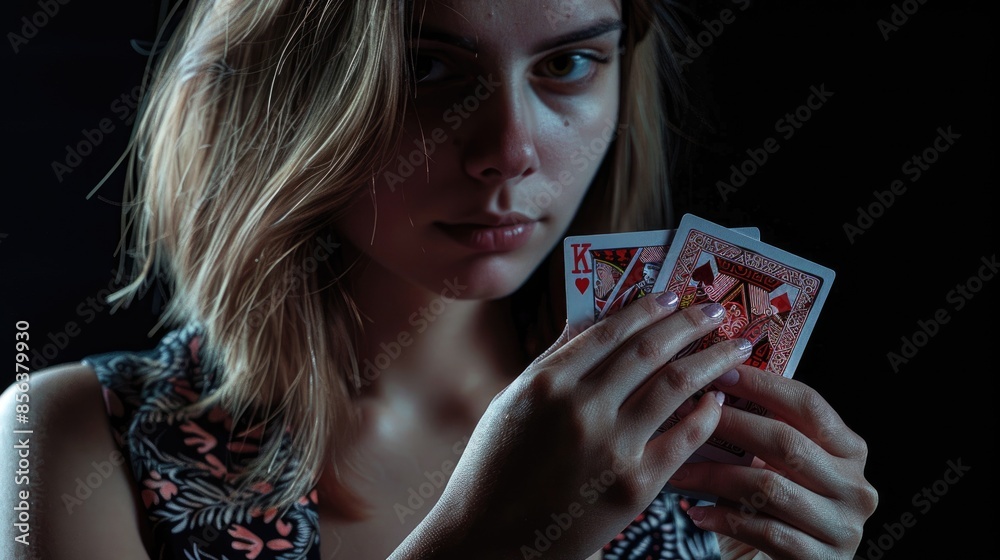 Young woman holding playing cards against a black background Young woman holding playing cards against a black background