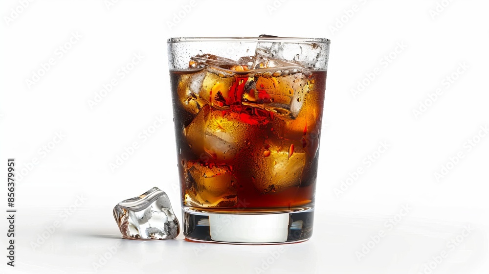 Refreshing iced drink in a glass with melting ice cubes. Close-up on a white background. Ideal for concepts related to soft drinks, beverages, and summer refreshment. Minimalist style. AI Refreshing iced drink in a glass with melting ice cubes. Close-up on a white background. Ideal for concepts related to soft drinks, beverages, and summer refreshment. Minimalist style. AI