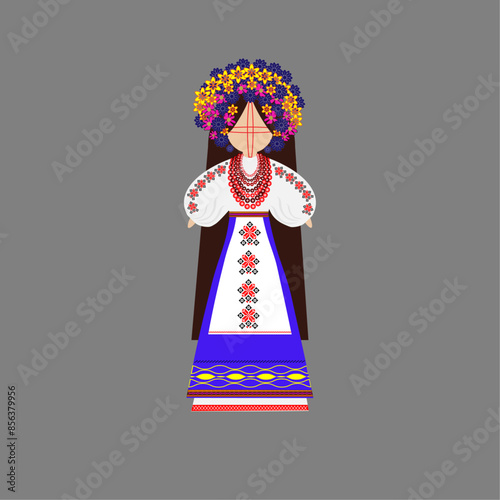 Motanka doll . Bright drawing with a cartoon doll wearing an embroidered costume. Ukrainian doll motanka national ornament,  ethnicity traditional culture amulet. Vector illustration. Isolate 