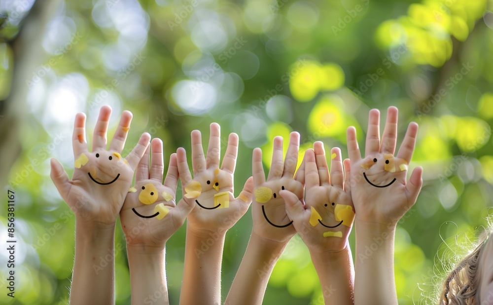 children with smiley on hands against green spring background