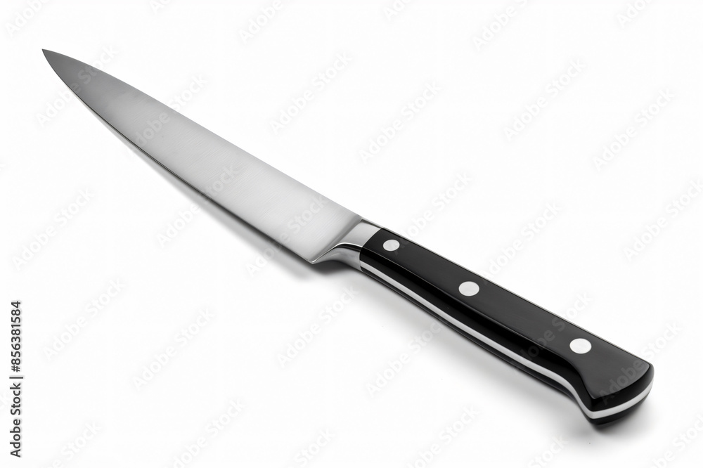 Sleek chef's knife with a sharp blade and black handle isolated on a pure white background Sleek chef's knife with a sharp blade and black handle isolated on a pure white background