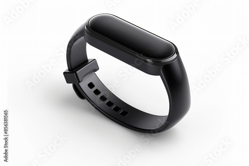 Sleek, black fitness tracker with a colorful display is isolated against a pristine white background, highlighting its sophisticated design