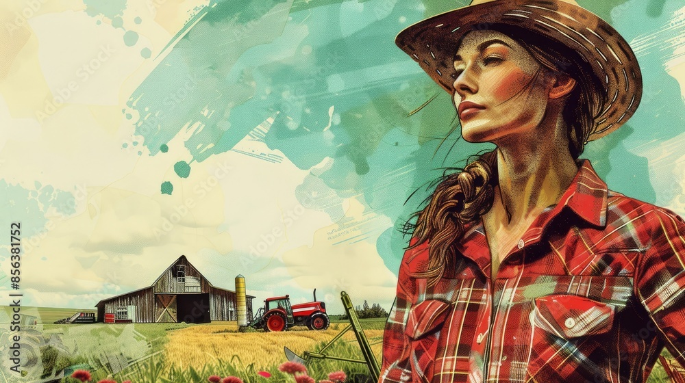 Confident female farmer standing in a lush green field, wearing a red ...