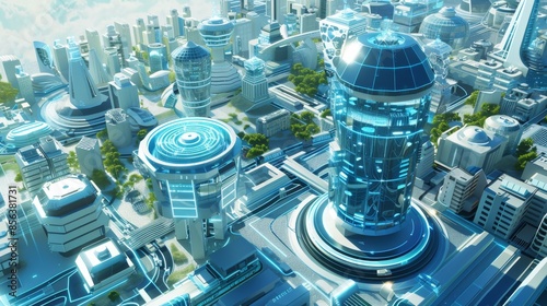 Create a 3D-style smart city scene blue and white scheme, Centered around Earth architecture, showcasing elements such as smart transportation systems, smart buildings, digital governance, and intelli photo