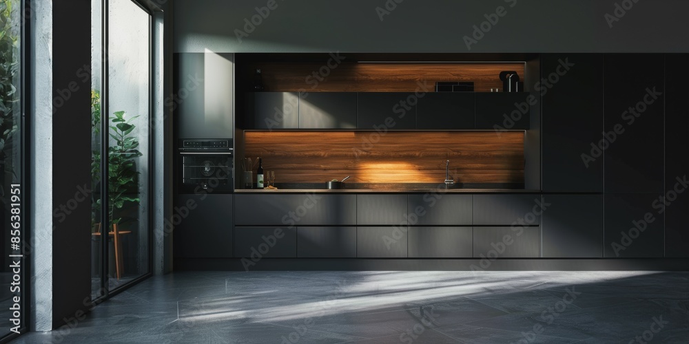 Modern dark wood kitchen cabinetry with sunlight streaming through window Modern dark wood kitchen cabinetry with sunlight streaming through window