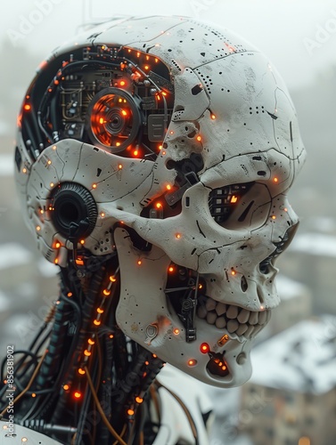 opalescence technical digital design, accurate skull cyborg head plugged into wires, tech linked with skull integrated with red led circuitry 