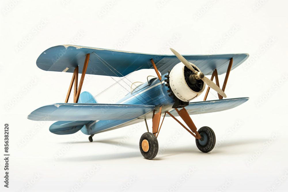 Fototapeta premium Detailed photo of a classic blue biplane model, showcasing its double wings and propeller, isolated on a clean white backdrop