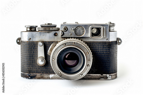 Classic film camera with retro design, featuring metal body and lens, presented in high detail on a pure white backdrop