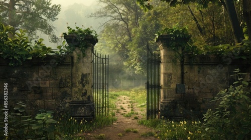 Isolation: The Walled Garden and Closed Gates - Visualize a walled garden with closed gates, illustrating the isolation and exclusivity often found in cults photo