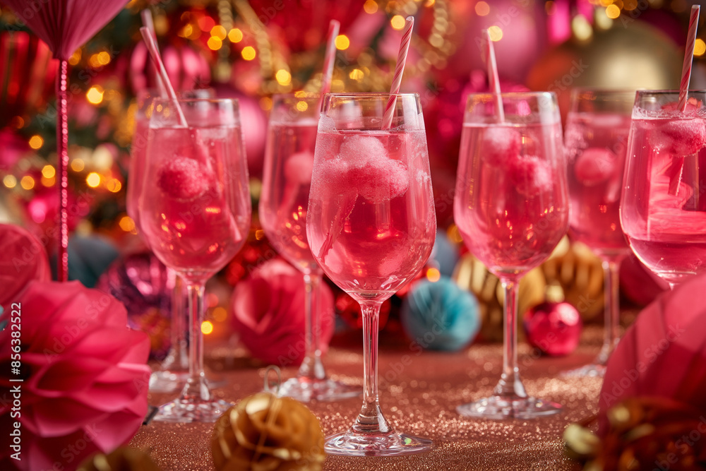 A lively image of pink drinks arranged on a party table, set against a backdrop of festive decorations A lively image of pink drinks arranged on a party table, set against a backdrop of festive decorations