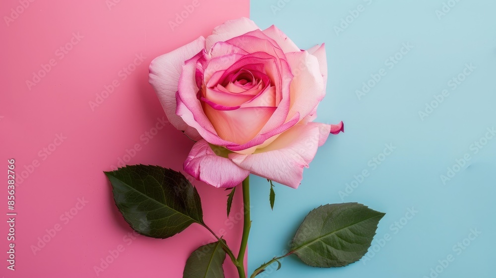 Pink rose on colored background viewed from above Pink rose on colored background viewed from above