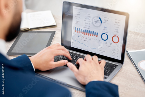 Screen, laptop or businessman trading on stock market, fintech app or cryptocurrency growth. Charts, financial trader or hands on technology for dashboard statistics, investment or finance graphs photo