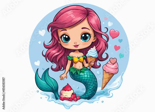 Vector drawing for children t-shirt. 
Cartoon little mermaid
with ice cream in waffle cone,   
heart at sea wave on white background. 
Design for textile, paper, fabric, 
clothing for kids.
