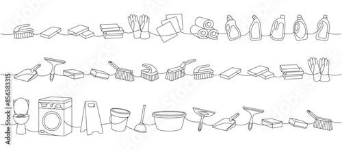 Set of cleaning tools one line. Toilet bowl, washing machine, floor mop, bucket, plunger, scoop, sponges, washcloths, brushes, cleaners, towels, rags