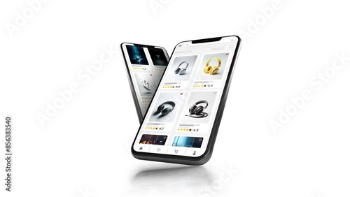 Online marketplace application and website animation. E-commerce and shopping for technological products. Marketing, commerce and headphone sales home page.