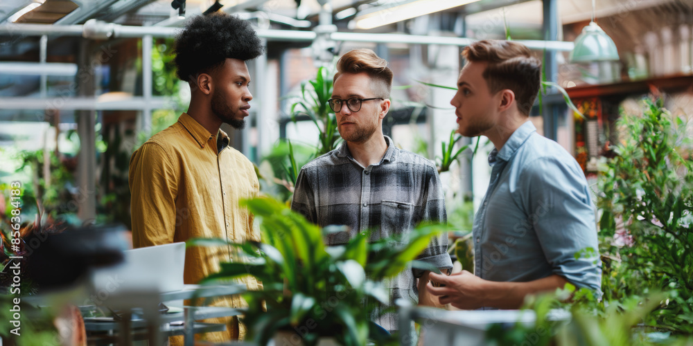 Fototapeta premium Three businessmen sharing ideas in a modern office setting