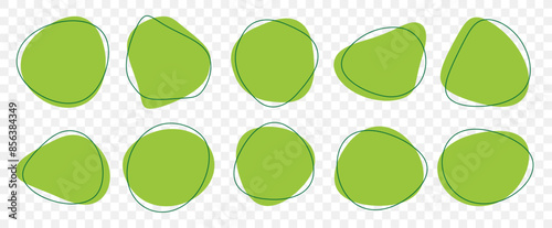 Abstract organic blob shapes vector irregular figures isolated on transparent background. Set of round blot form outlined with a thin line graphic element. Simple green slime spot