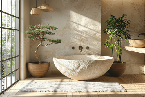 A serene bathroom with a stone sink, wooden accents, and natural light, creating a spa-like experience. Concept of Japandi-inspired bathroom. Generative Ai.