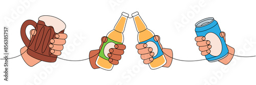 Hands holding a beer bottle one line colored continuous drawing. Beer pub products continuous one line illustration. Vector linear illustration.
