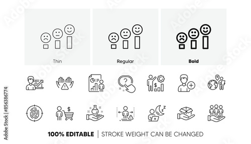 Customer satisfaction, Business report and Add person line icons. Pack of Outsource work, Social distance, Hold box icon. Employees wealth, Fingerprint, Chemistry lab pictogram. Buyer. Vector
