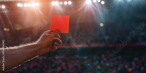 Under the lighting of a football stadium, a hand holding a red card photo