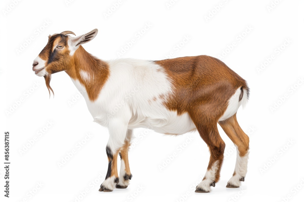 the beside view Anglo-Nubian Goat standing, left side view, white copy space on right isolated on white background the beside view Anglo-Nubian Goat standing, left side view, white copy space on right isolated on white background
