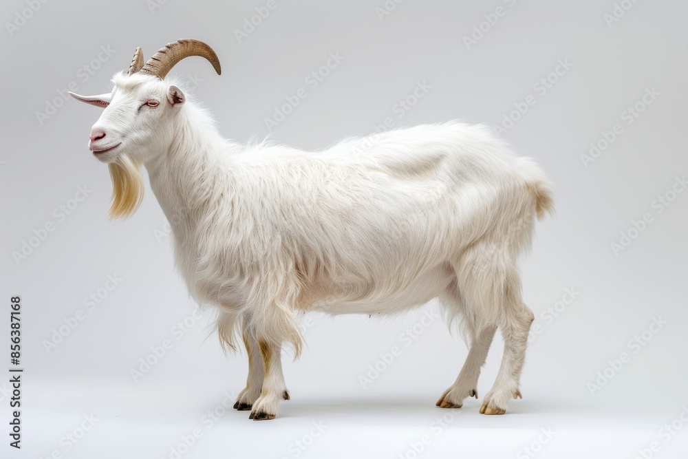 the beside view Etawah Goat standing, left side view, white copy space on right isolated on white background the beside view Etawah Goat standing, left side view, white copy space on right isolated on white background